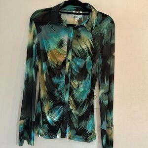 Future Collective Women's Long Sleeve Sheer Mesh Button-Up Shirt, size S